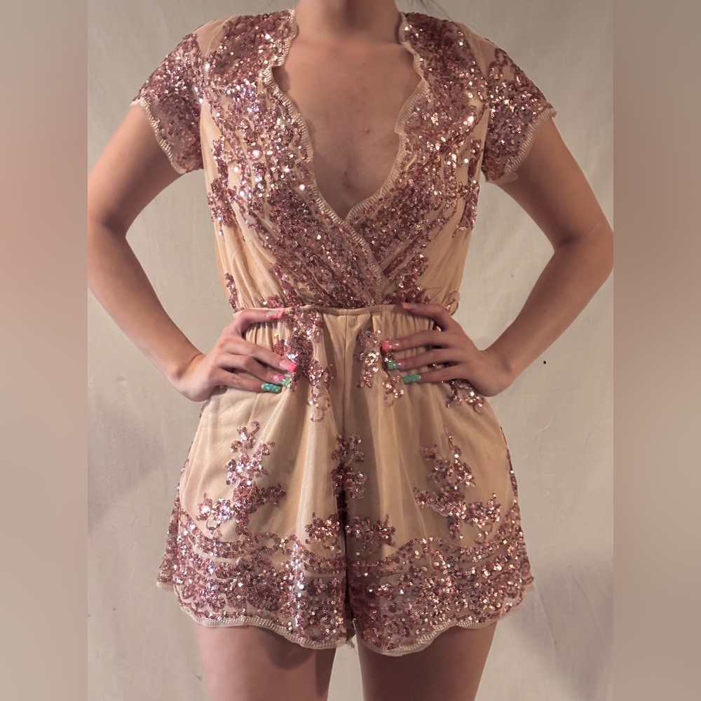 Showpo Rose Gold Sequin Playsuit